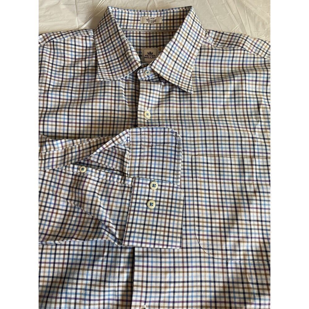 Men's Peter Millar Multi-colored Plaid- Button Down Long Sleeve Dress Shirt-Larg